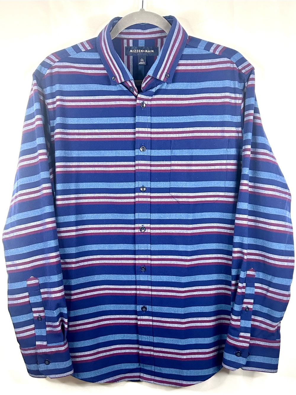 Mizzen+Main City Flannel Shirt Mens Size Large Trim Fit Button Up Blue Striped